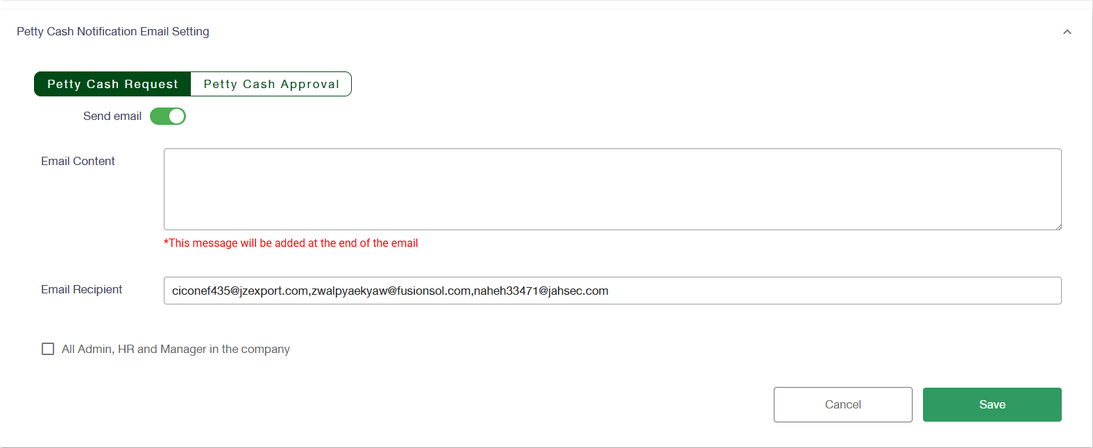 Petty Cash Notification Email Setting jarviz