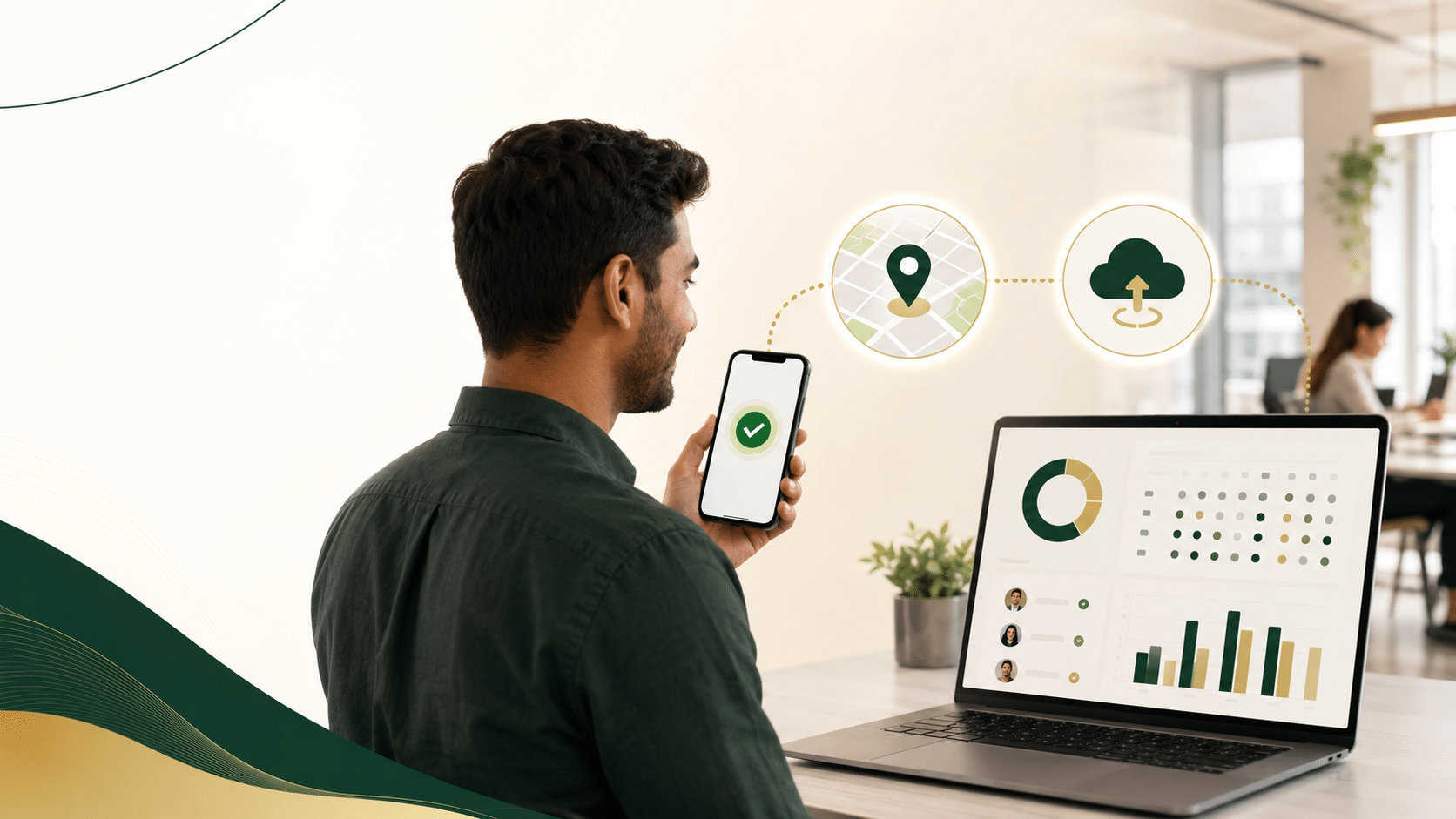 Nhân viên chấm công online bằng điện thoại và dữ liệu đồng bộ về dashboard HR
