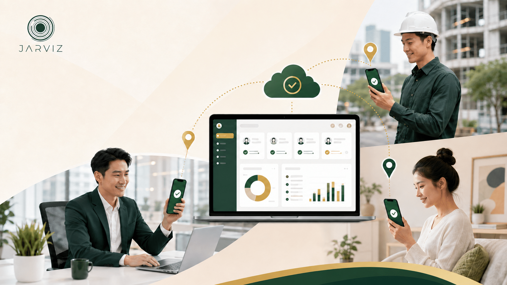 Nhân viên chấm công điện thoại tại nhiều địa điểm và dữ liệu đồng bộ về dashboard HR