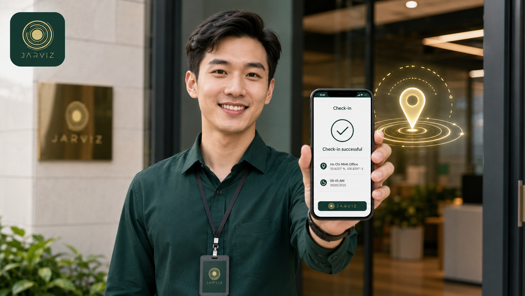 Nhân viên sử dụng check-in điện thoại tại nơi làm việc