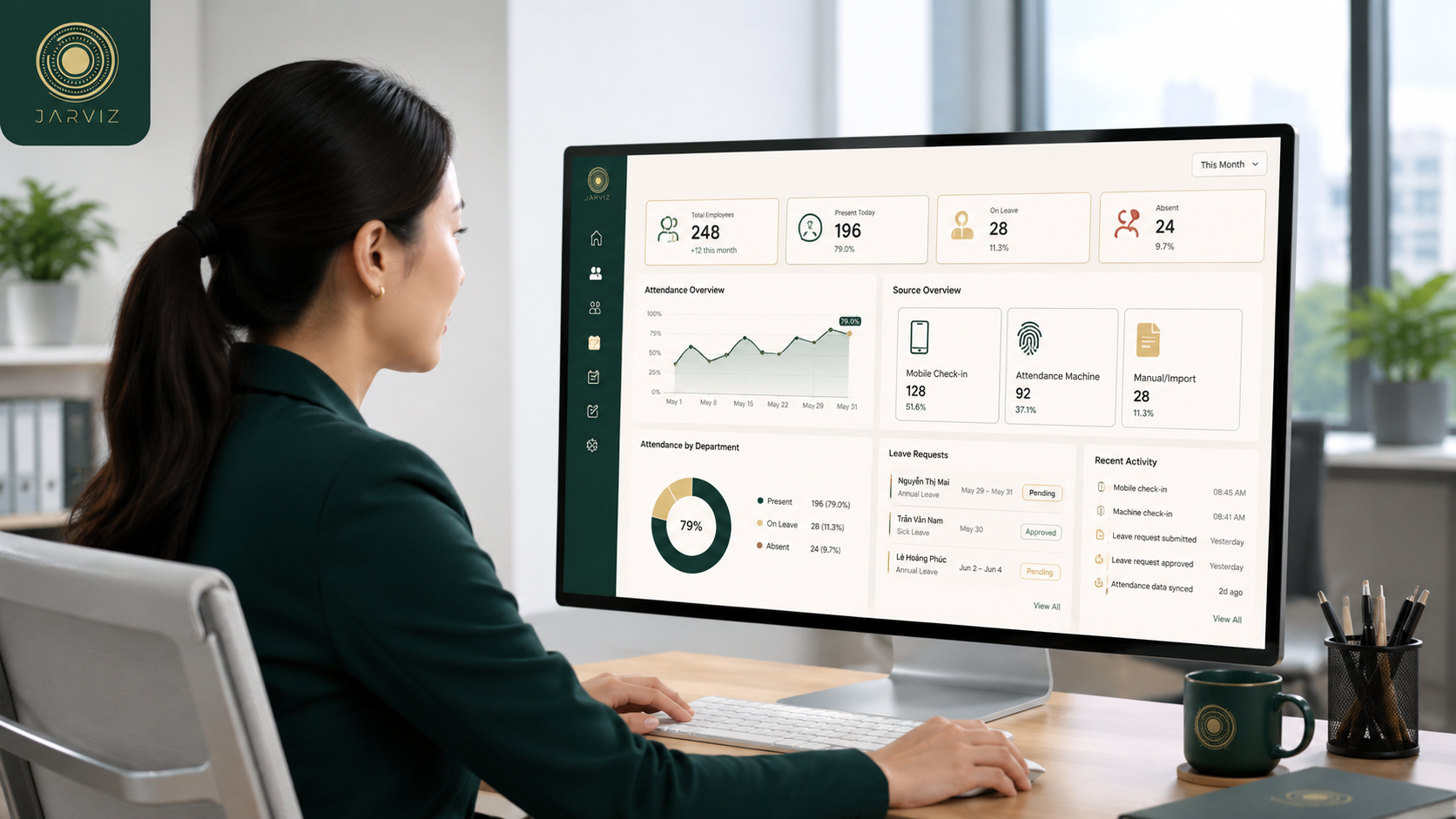 HR quản lý dữ liệu check-in điện thoại và máy chấm công trên dashboard