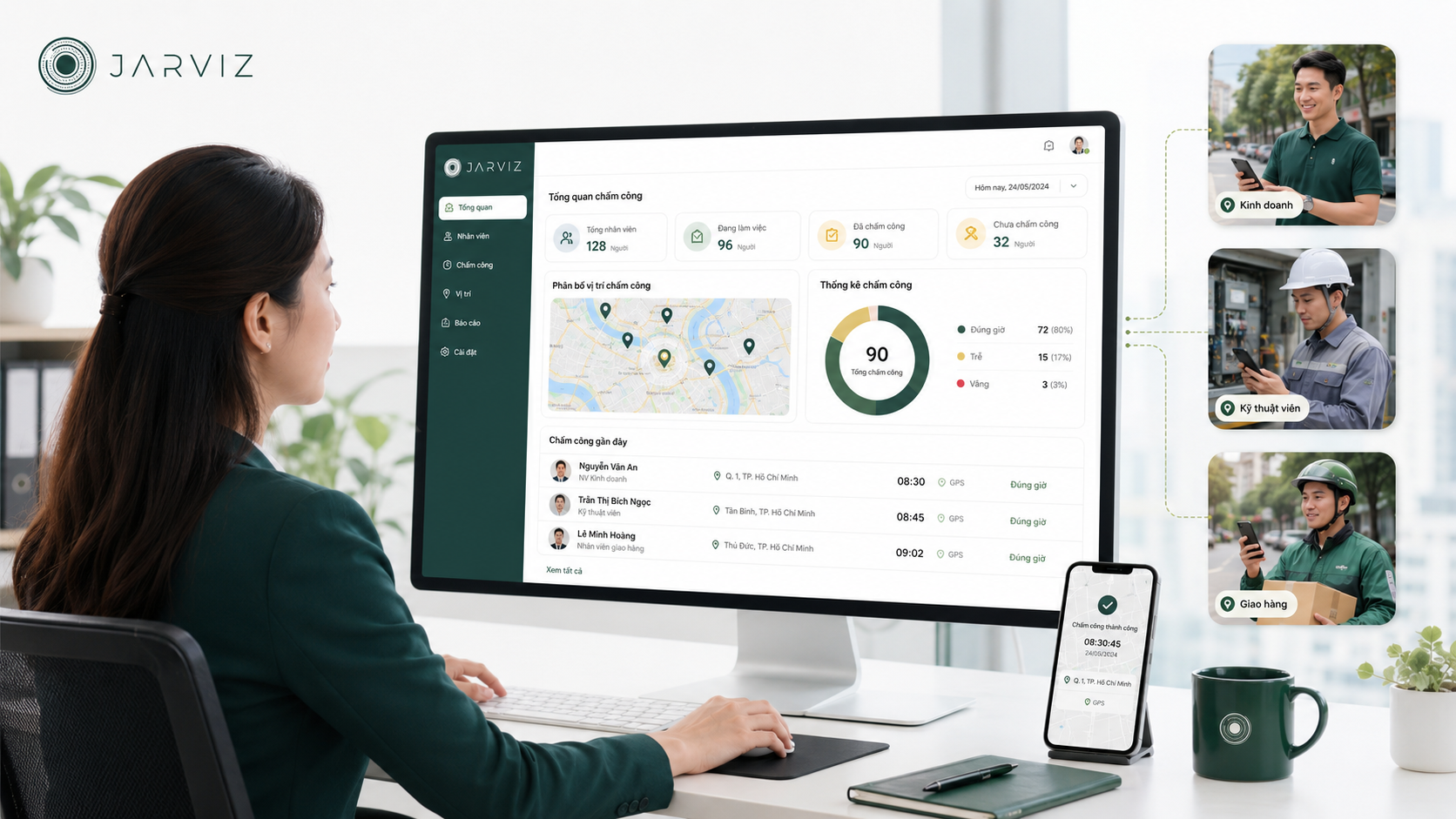 Quản lý theo dõi dữ liệu chấm công di động ngoài văn phòng trên dashboard