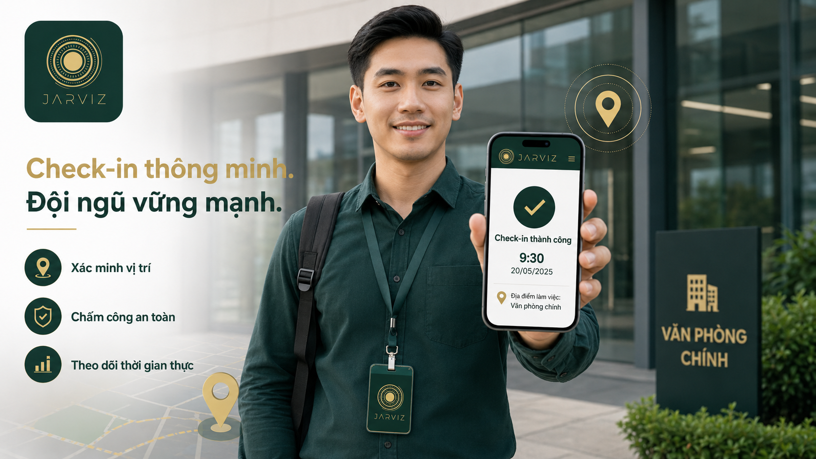 Nhân viên sử dụng app chấm công để check-in tại nơi làm việc