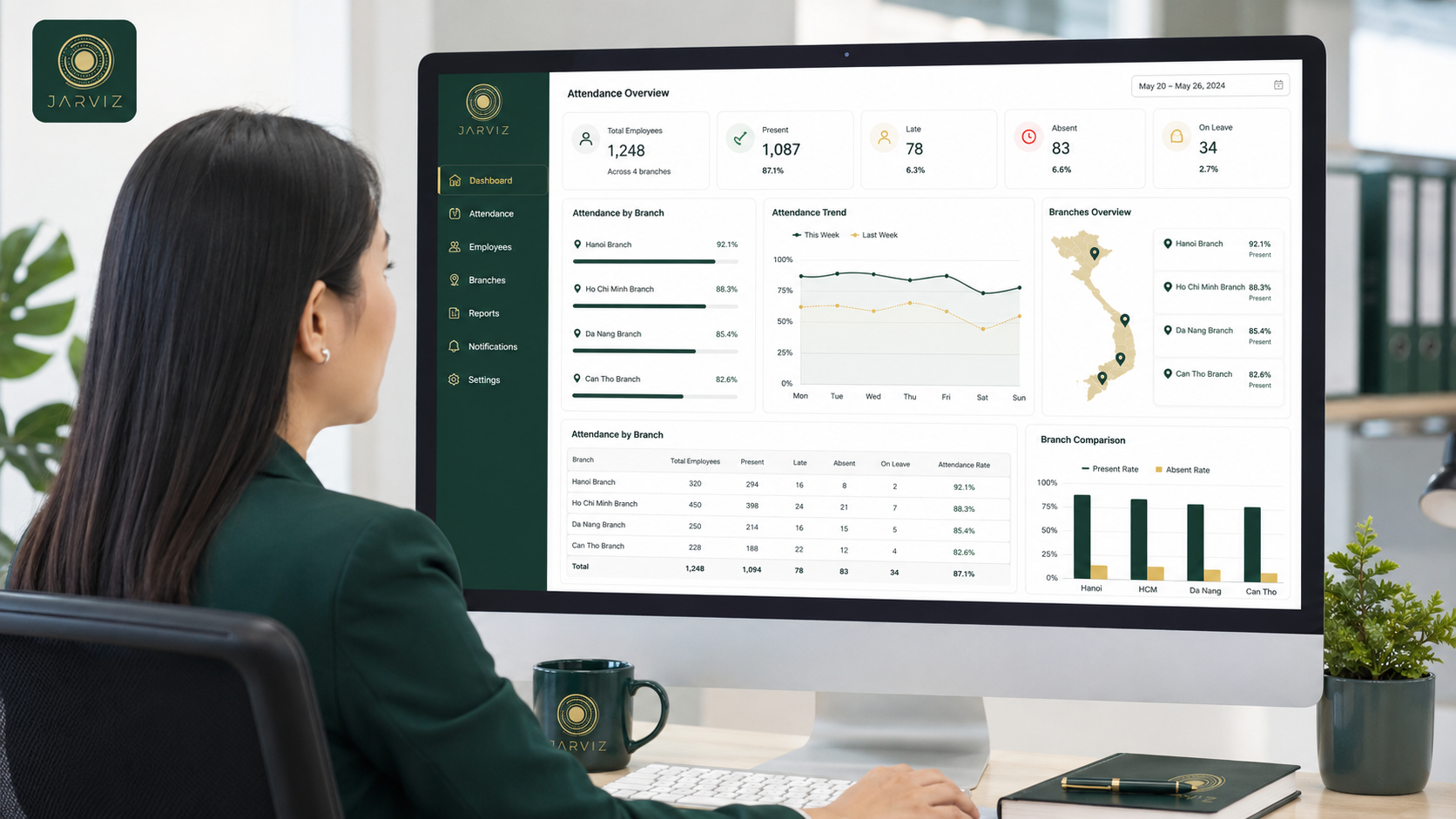 HR quản lý dữ liệu chấm công di động trên dashboard tập trung