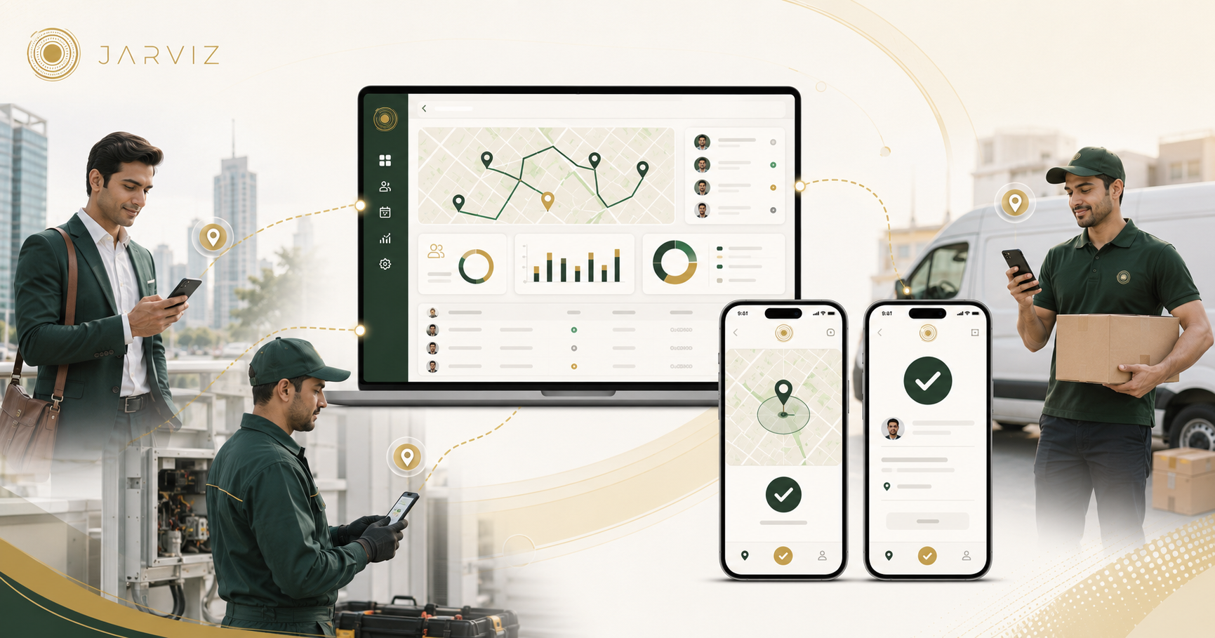 Minh họa quản lý nhân viên ngoài văn phòng bằng app chấm công di động, GPS attendance, tuyến đường bản đồ và dashboard Jarviz.